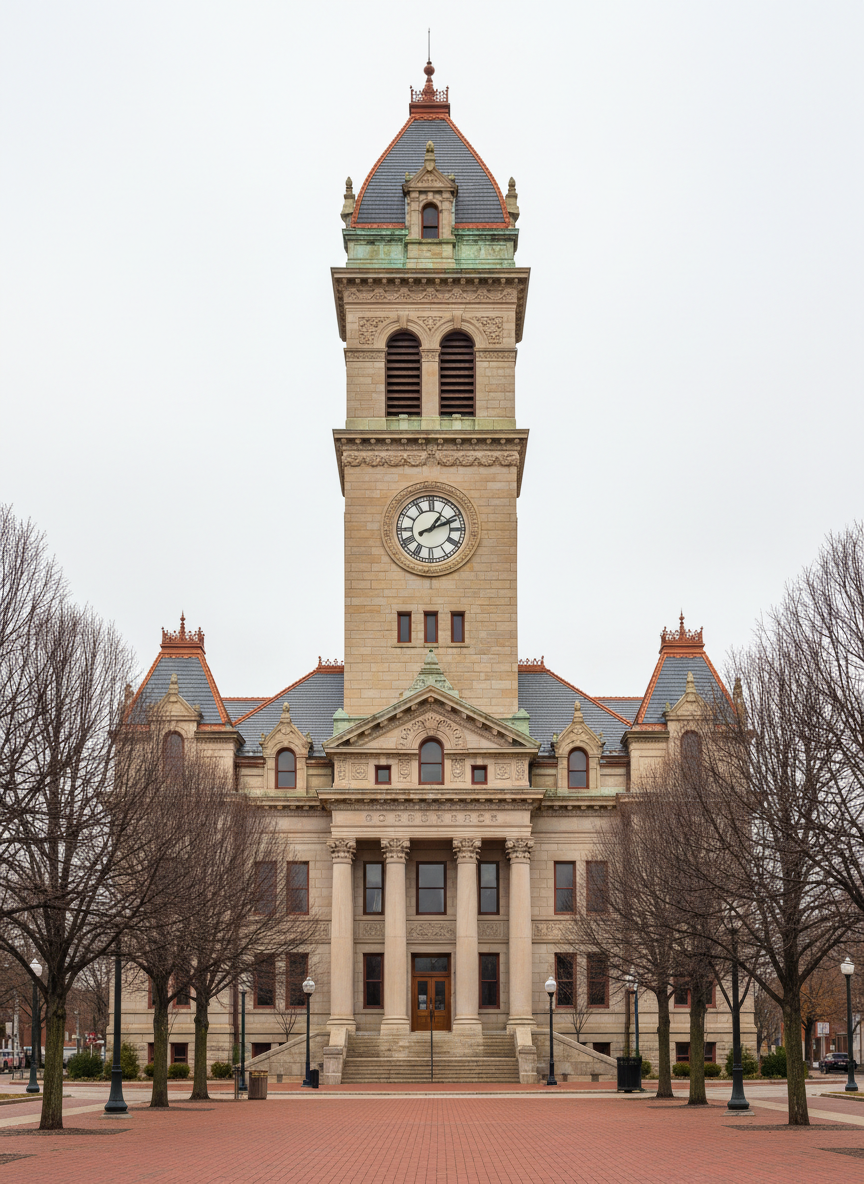 An intricately carved limestone courthouse clocktower rising above a tidy Midwestern town square, its Roman numeral clock face perfectly centered and hands frozen at an evocative hour. The building’s sandstone columns, copper roof accents, and ornate cornices show subtle weathering and history. Surrounding it, brick sidewalks, cast-iron street lamps, and neatly pruned trees frame the lower edge of the image. Soft overcast daylight creates even, diffused lighting that highlights architectural details without harsh contrast. Captured from a slightly low angle in sharp photographic realism, the tower dominates the upper two-thirds of the frame, conveying grandeur, quiet dignity, and the sophisticated charm of historic town exploration within a day’s drive.
