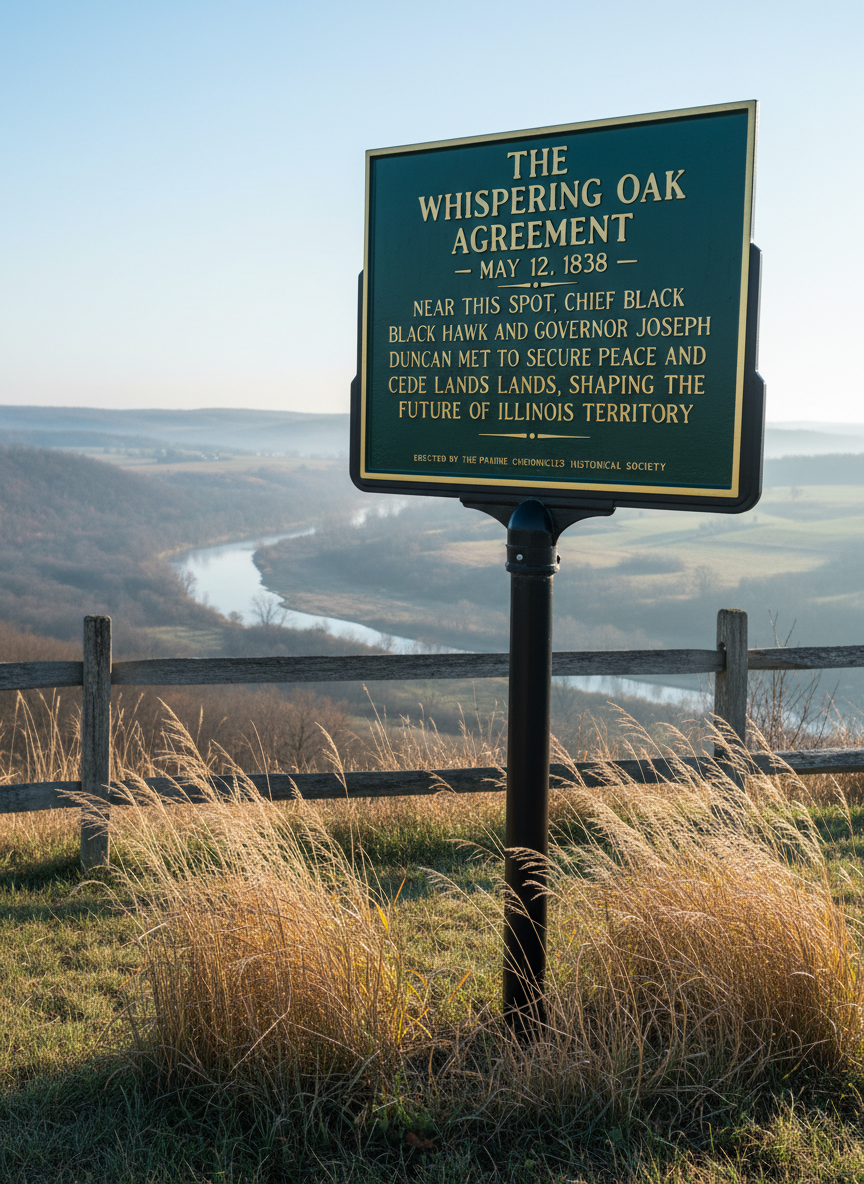 An elegant roadside historical marker made of deep green enamel and gold lettering, commemorating a small but significant Midwestern event, mounted on a sturdy black metal post at the edge of a quiet prairie overlook. Native grasses sway around a simple split-rail fence and a distant river glints beyond low rolling hills. Early morning light bathes the scene in cool, crisp tones, with soft mist lingering in the valley and a subtle glow tracing the sign’s beveled edges. Shot in photographic realism from a three-quarter angle, the sign fills the foreground while the sweeping landscape recedes in gentle focus, evoking reflective, sophisticated curiosity about forgotten nearby stories.
