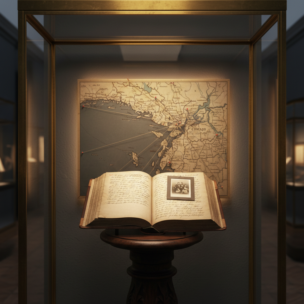 A richly detailed museum display case showcasing a single iconic Midwestern artifact: a nineteenth-century leather-bound travel journal resting open on a dark walnut pedestal, its sepia ink handwriting carefully preserved. Behind it, a faintly lit map of the Great Lakes region is mounted on matte charcoal walls, with delicate brass pins marking routes radiating out from Chicago. Focused, warm spotlighting illuminates the journal pages and edges of the map, while the rest of the gallery falls into a gentle, atmospheric dimness. Photographic realism with a shallow depth of field keeps the foreground artifact tack-sharp, creating an intimate, contemplative mood that honors local history and thoughtful, cultured travel.