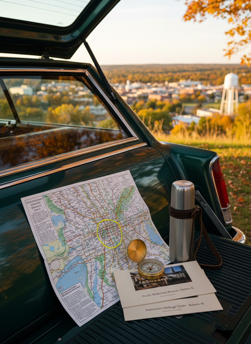 A meticulously curated still life on the tailgate of a classic dark-green station wagon parked at a scenic overlook: a folded state road atlas highlighting the Chicago region, a vintage brass compass, a small stack of museum brochures from Midwestern towns, and a thermos with a simple, timeless design. The car’s paint subtly reflects a patchwork of autumn trees and a distant water tower from a historic small town below. Warm late-afternoon light creates gentle specular highlights on the compass and soft shadows along the map’s creases. Photographic realism with a slightly elevated angle and shallow depth of field centers the travel objects while the blurred townscape suggests refined, one-tank cultural road trips.