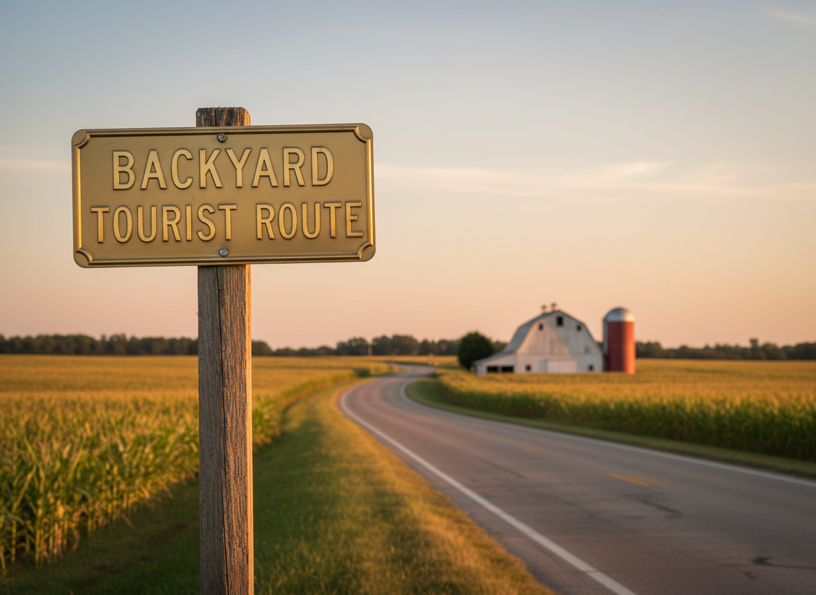 A polished brass vintage highway sign reading “Backyard Tourist Route” mounted on a weathered wooden post, standing beside a two-lane Midwestern country road that gently curves toward the horizon. Neatly mowed cornfields and a small white barn with a classic gambrel roof extend into the distance. Late afternoon golden hour sunlight washes the scene in warm tones, creating long, soft shadows and subtle reflections on the metal lettering. Shot at eye-level in photographic realism with a slight depth of field blur softening the far fields, the composition uses the rule of thirds to place the sign prominently while the open sky suggests quiet possibility and refined, sophisticated wanderlust close to home.