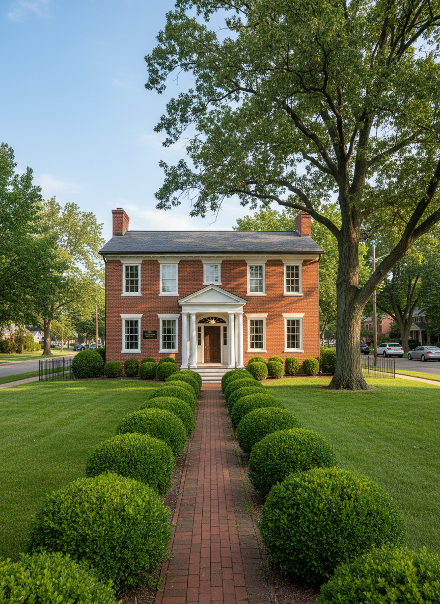 A stately red-brick presidential birthplace home with white trim, a symmetrical facade, and a small brass plaque near the front steps indicating its historic significance, set back from a quiet Midwestern residential street. A narrow brick path leads through a perfectly maintained lawn to the front door, flanked by simple boxwood shrubs and a dignified oak tree casting dappled shade. Soft, clear midday light reveals every brick texture and crisp paint edge without harsh glare. Captured straight-on in photographic realism with a wide lens for full context, the composition emphasizes balance and calm formality, expressing the accessible gravitas of presidential history found just beyond Chicago’s suburbs.