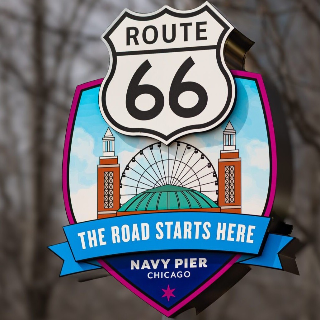 Route 66 sign installed at Chicago's Navy Pier in 2026